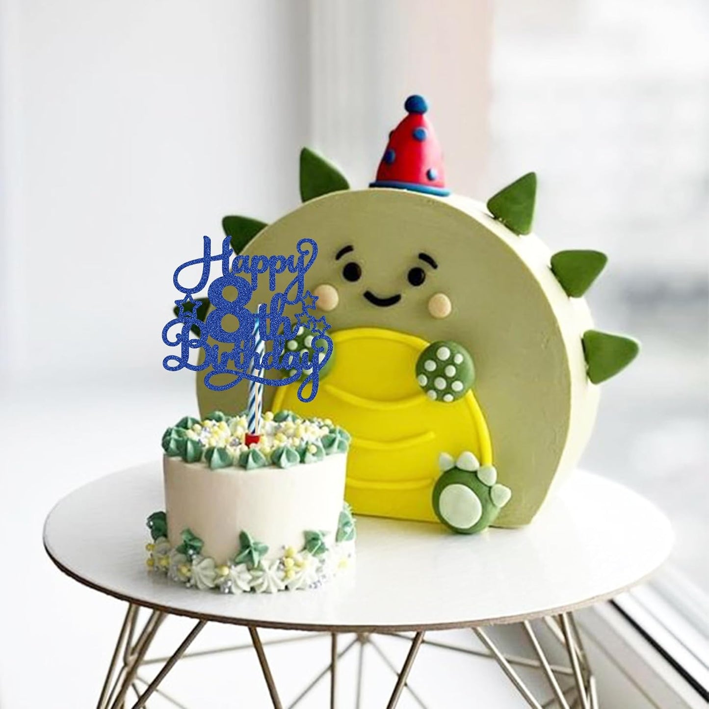 Happy 8th Birthday Cake Topper - Blue Glitter Cheers to 8 Years Old Cake Pick for Celebrating Anniversary Party Cake Decorations Supplies (1 Pack)