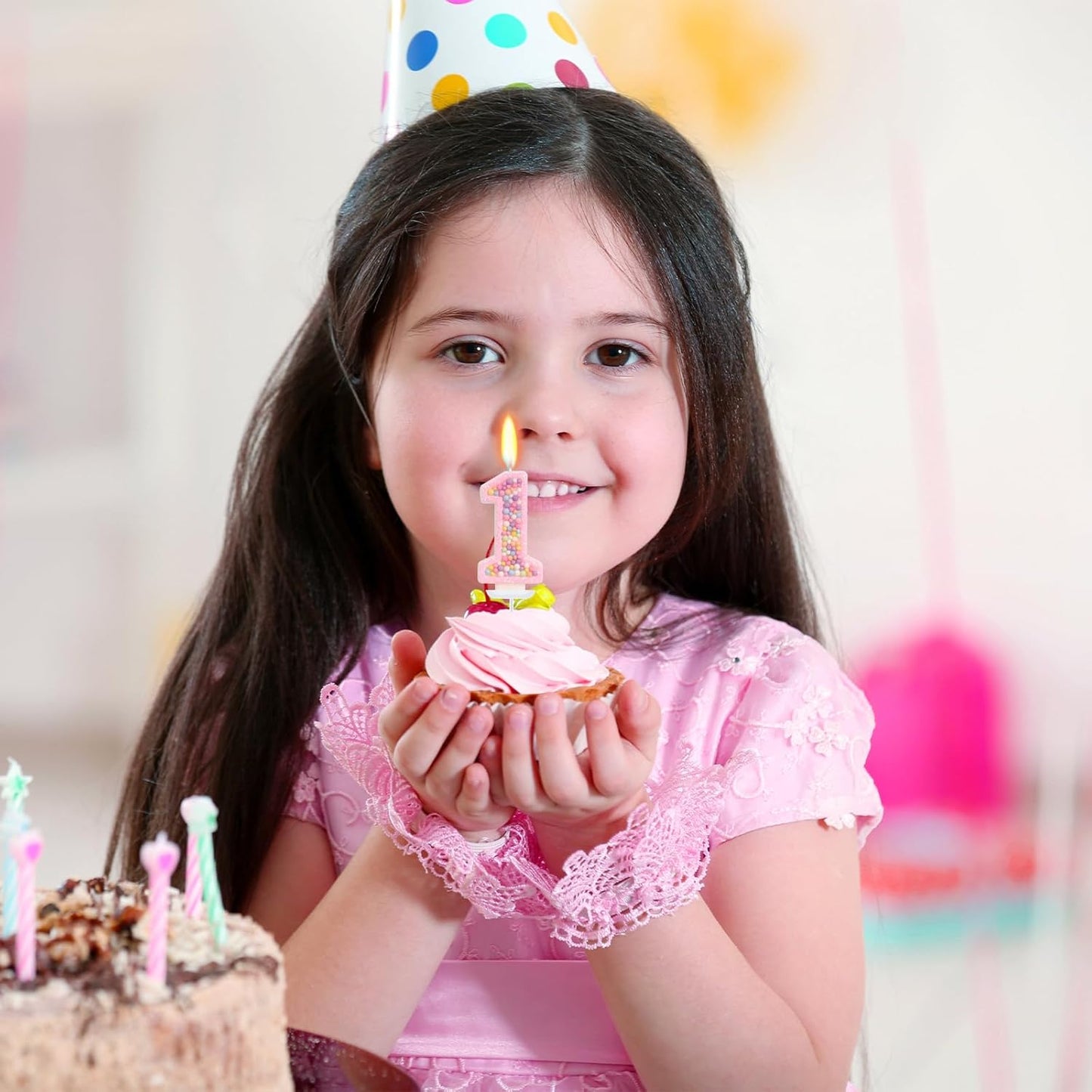 Sweet One Birthday Candles for Girls - Number 1 Candle, First Birthday Decorations for Girl, Fairy Cake Decorations, Colorful Macaron Candles for One Cake Topper (Pink)