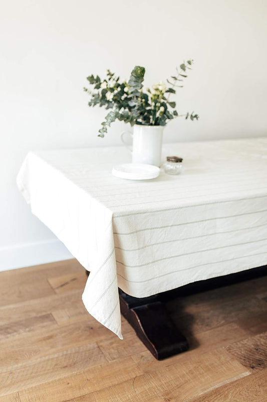 60x120 in Cotton Linen Tablecloth – Rectangular Dining Table Cover with Elegant Pattern for Kitchen, Weddings, Parties, Picnic and Everyday Decor – Green Stripe/Natural