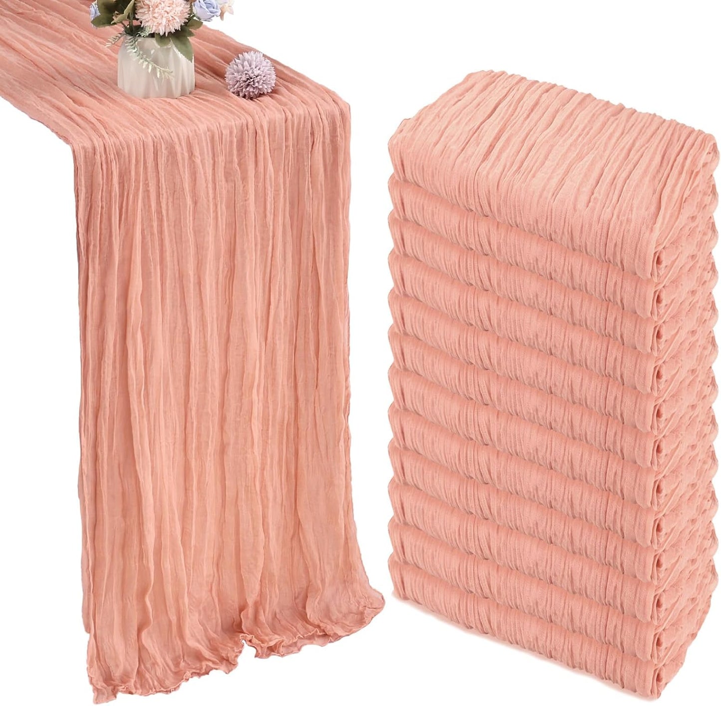 12 Pack 10FT Peach Cheesecloth Table Runner 35x120 Inch Gauze Rustic Boho Table Runner Cheese Cloth for Wedding Decor Birthday Party Bridal Baby Shower Table Centerpiece Decoration