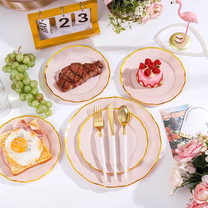 supernal 60pcs Pink and Gold Plastic Plates Fancy Elegant Disposable Scalloped Plastic Plates Heavy Duty Disposable Dinnerware Set for Parties, Bridal Shower,Weddings & Birthdays