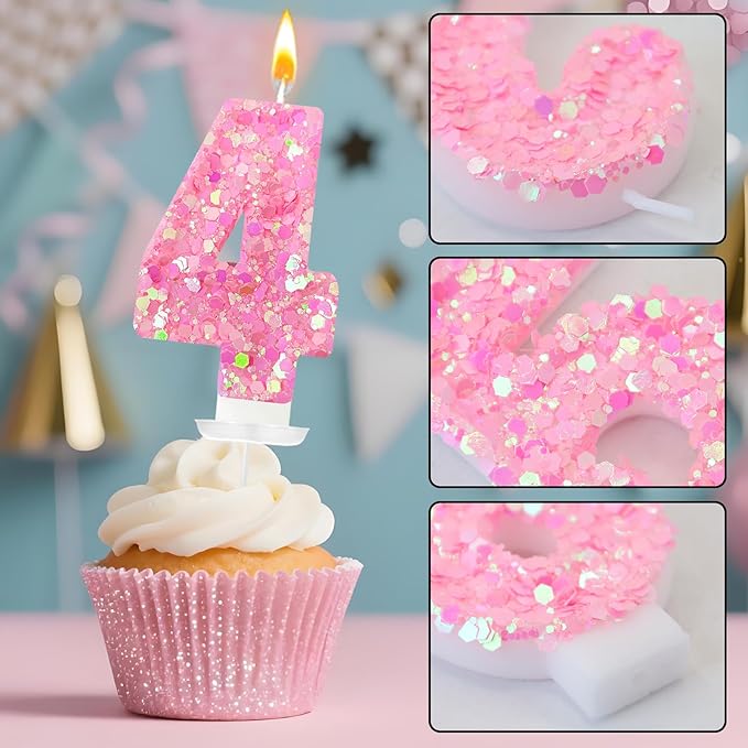 Zailo Birthday Number Candles, Glitter Number Candle Cake Decorations with Sequins, Cupcake Decorations for Girls, Women, Party Anniversary Celebrations (Number 4, Light Pink)