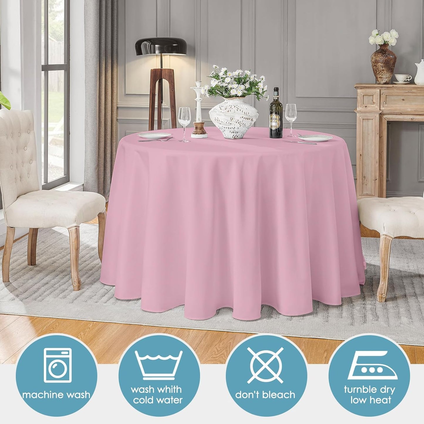 VidaFete Tablecloth 2 Pack 120inch Round Table Cloth Polyester, Stain Wrinkle Resistant Polyester Dining Table Cover for Kitchen Dinning Party Wedding Round Tabletop Buffet Decoration(Pink)
