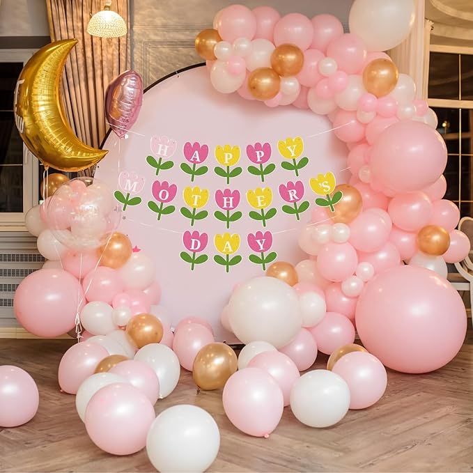 Happy Mother's Day Banner Set Decoration for Mother's Day Party Decorations Backdrop Garland for Mom Mother's Day Glitter Garland Photo Props (Pink Yellow Flower)