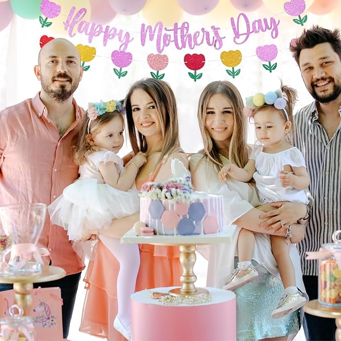 Happy Mother's Day Banner Set Decoration for Mother's Day Party Decorations Backdrop Garland for Mom Mother's Day Glitter Garland Photo Props (Pink Tulip)