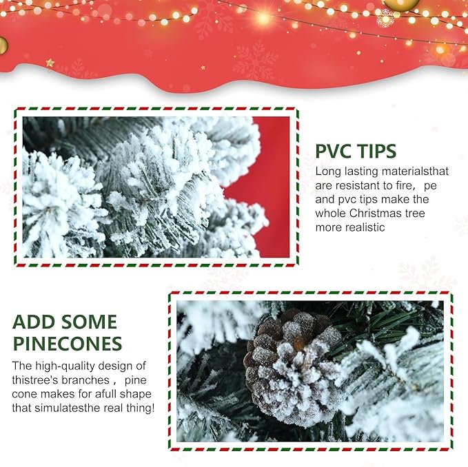 7.5FT Prelit Flocked Christmas Tree with 550 Lights & 1474 Branch Tips, Pre Lit Hinged Xmas Tree with Memory Wire Technology, Premium Artificial Christmas Tree with Pine Cone for Holiday Decoration