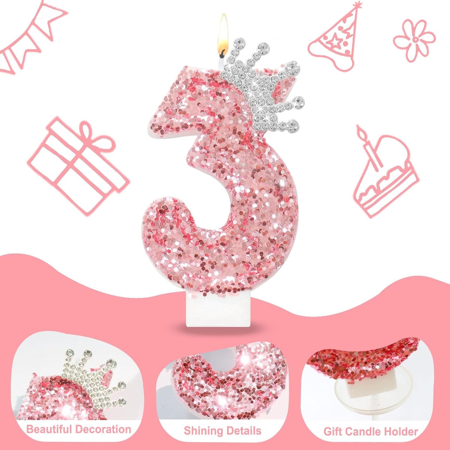 Ceya Number 3 Birthday Candles,Pink Crown Candle for Cake, Sparkling Number Glitter Candle 3.14inch Cake Topper,3st Birthday Decorations for Girl Women Reunions Anniversary Party Supplies