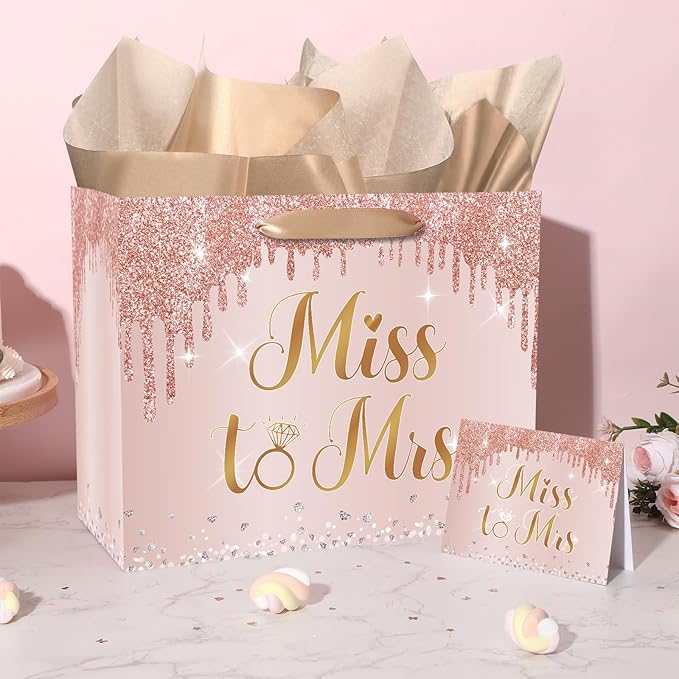 Bridal Shower Gift Bag Wedding Miss to Mrs Gifts Bag with Tissue and Card Bridal Shower Gift Wrapping Paper Bag Rose Gold Wedding Gift Bags Bride Engagement Bachelorette Party Bag Bride to Be Gifts