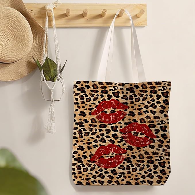 Coquette Leopard Red Lip Tote Bag for Women,Trendy Cheetah Print Canvas Tote Bag for Girls,Girly Leopard Lip Print Aesthetic Reusable Shopping Grocery Bags Party Favors