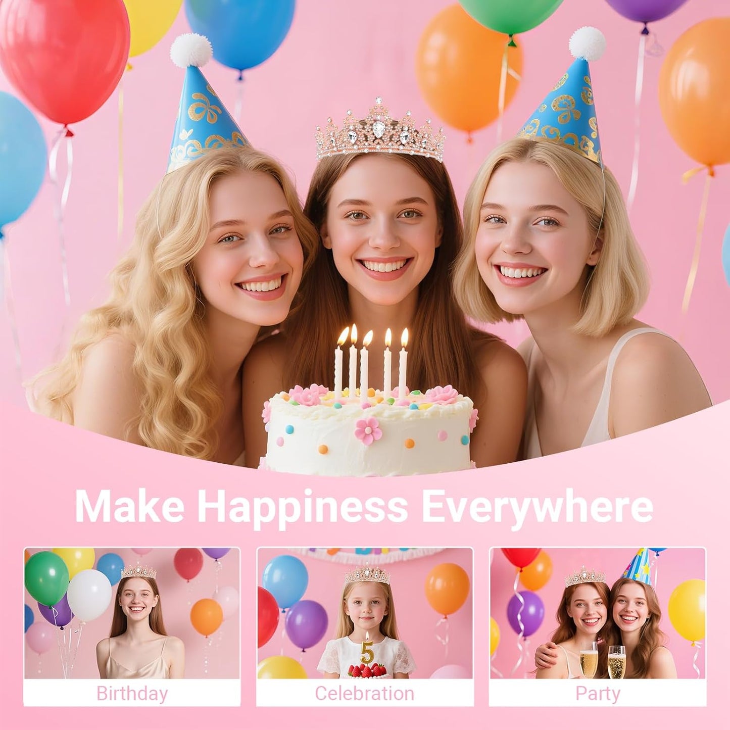 Birthday Tiara and Crown with Sash, Birthday Tiara for Women Party (Rose)