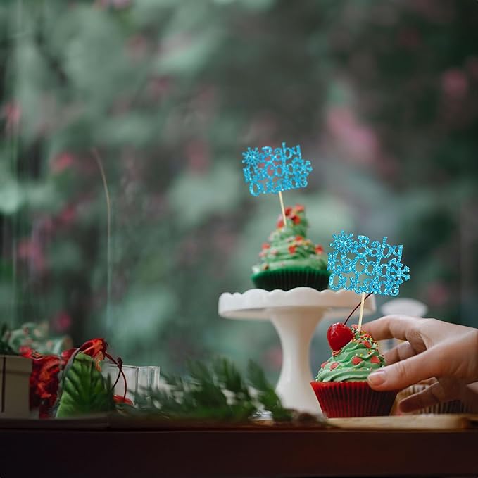 24Pcs Baby It's Cold Outside Snowflake Cupcake Toppers Glitter Winter Frozen Cupcake Picks for Winter Wonderland Baby Shower Birthday Party Cake Decorations Supplies Blue