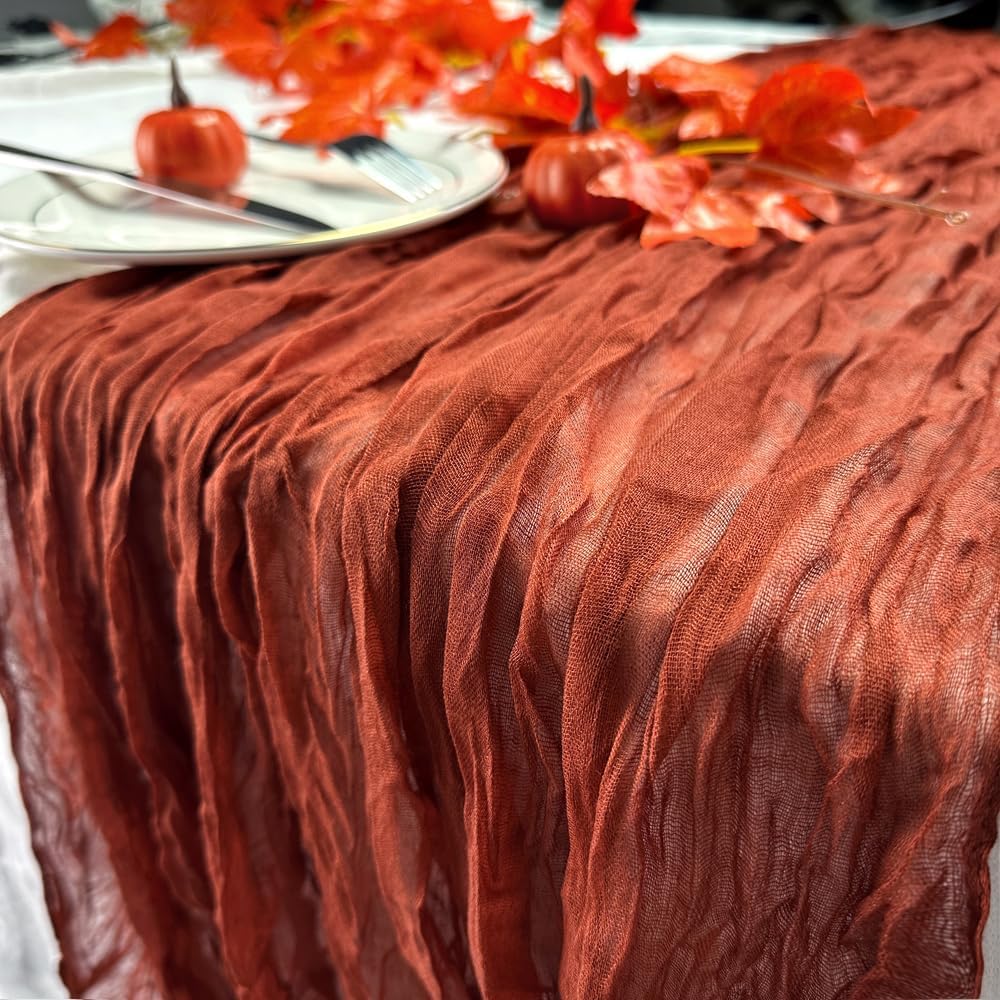 Booque Valley Fall Table Runner 3 Pack Terracotta Cheesecloth 10ft Soft Boho Wrinkled Decorative Gauze Sheer for Autumn Thanksgiving Holiday Party Centerpiece Decoration Table Decor, 35x120 Inch