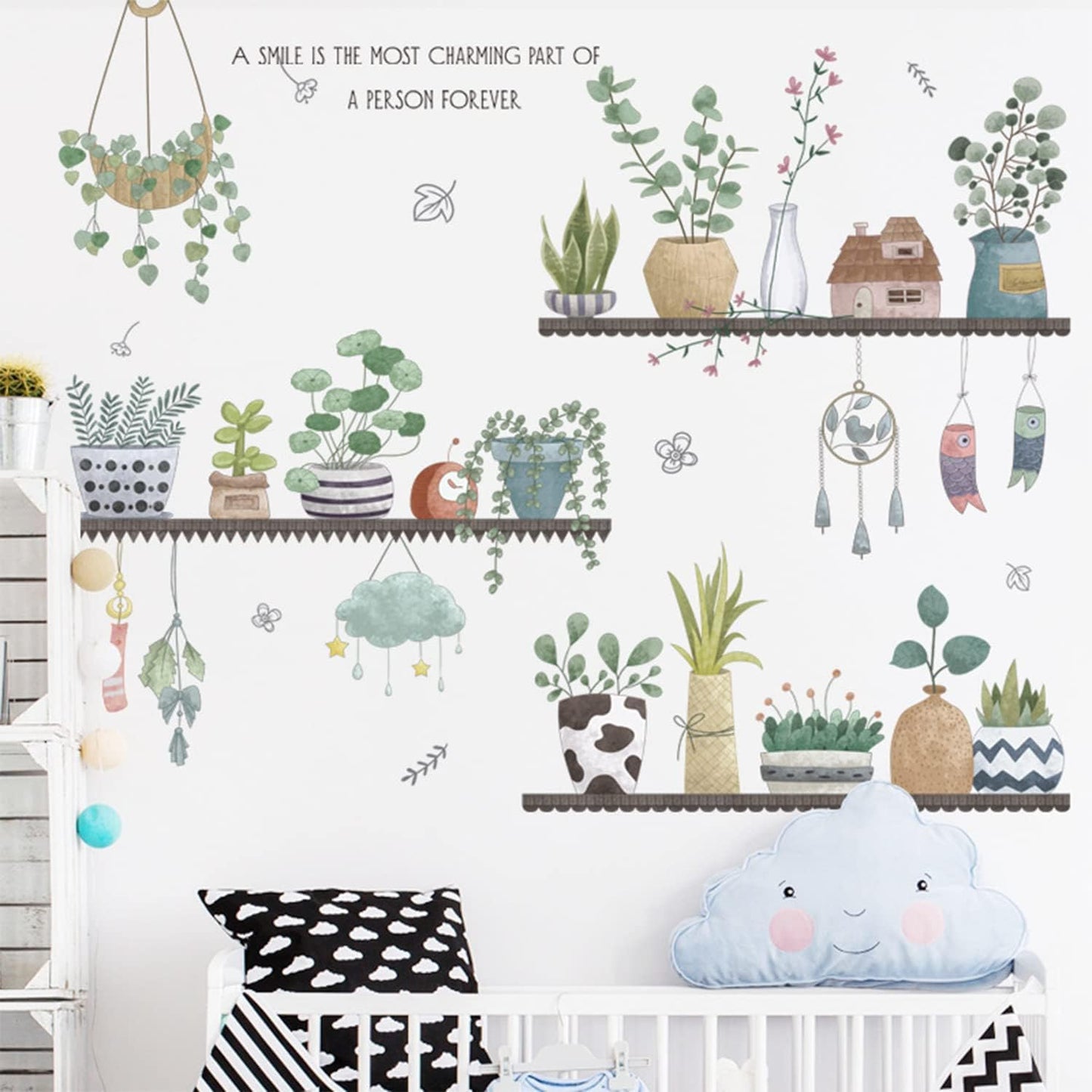 2 Set Plant Wall Decals Kitchen Stickers Decor Murals for Bedroom Living Room Bathroom Art Decal Boho Hanging Shelves Tree Wall Art 3D Peel and Stick
