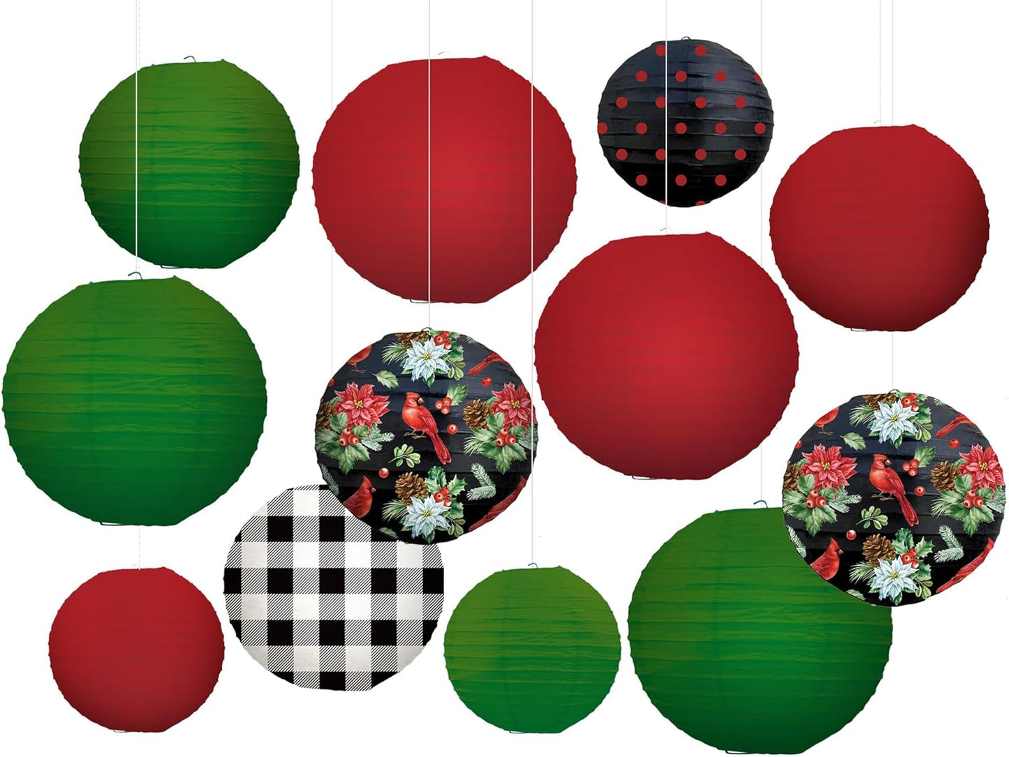 Bencailor 12 Pcs Christmas Hanging Paper Lanterns Set Decorative Party Round Hanging Lamps for Xmas Home Decoration Supplies Props Holiday Decor(12, 10, 8 Inch,Plaid)