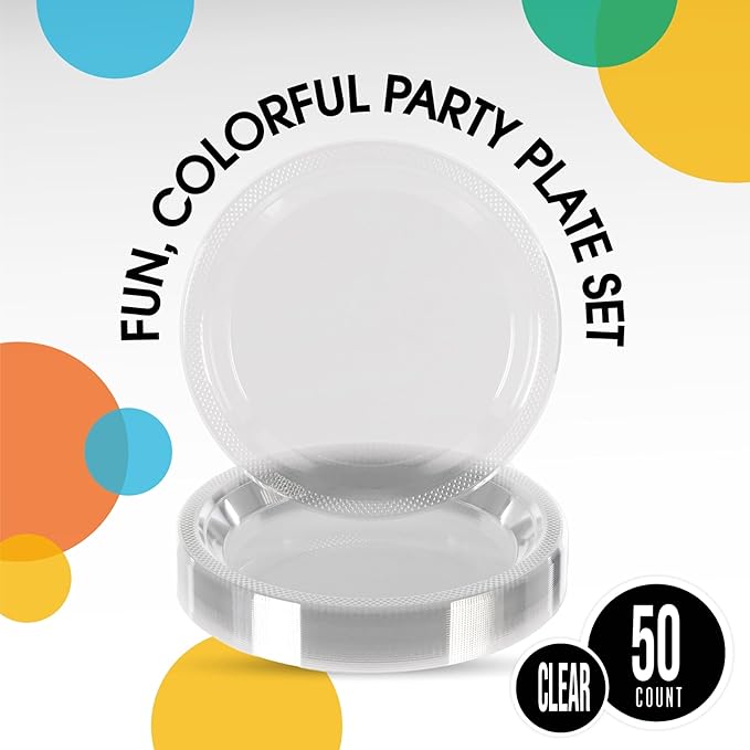 Exquisite Party Solids Clear Plastic Plates For Party Supplies 10" Clear Disposable Plates Heavy Duty 50 Pcs Plastic Dinnerware Sets Heavy Duty 350 GSM Disposable Dinnerware Set
