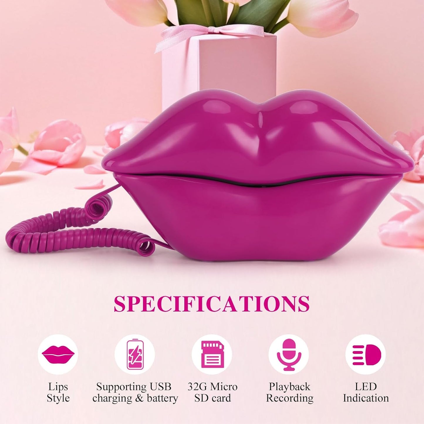 UKBW Audio Guest Book Wedding Phone, 32G Record Customized Audio Message,Interesting Mouth Lip-Shaped Audio Guestbook for Birthdays Parties Confessions Special Occasions (Rose Red)
