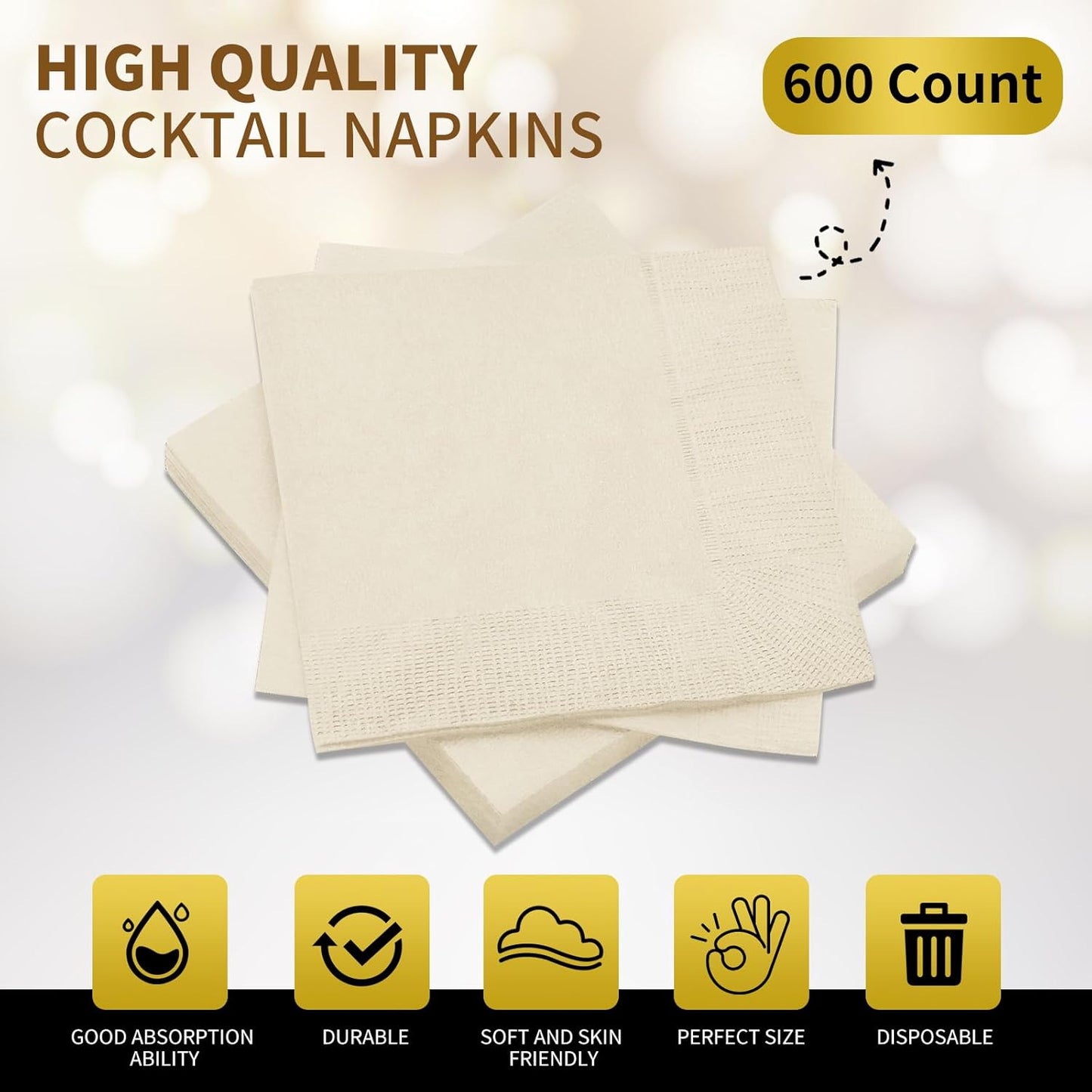 Cocktail Napkins - 600 Count 2-Ply Cream Napkins Disposable, 4.75 x 4.75 Inch Folded Paper Napkins Bulk Beverage Napkins for Dinner Wedding Bar Party and Everyday Use