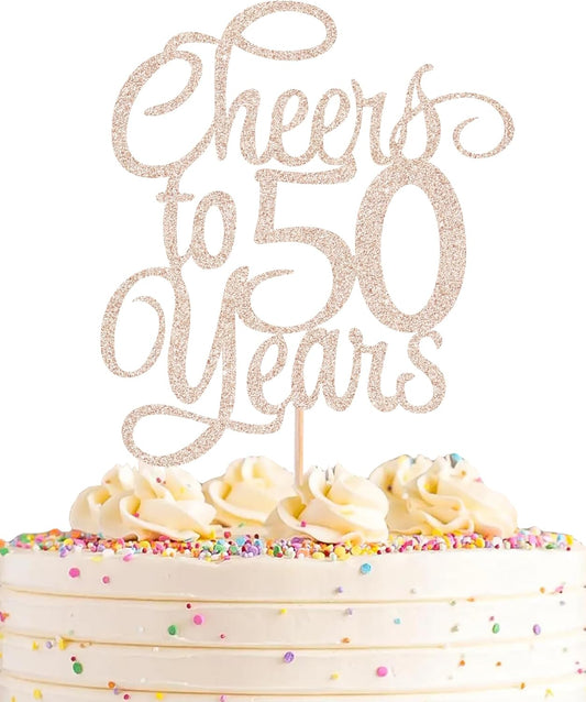 Cheers to 50 Years Cake Topper - Rose Gold Glitter 50th Birthday Cake Decorating Supplies, Perfect for 50th Anniversary or Fifty Birthday Party, Photo Booth Props