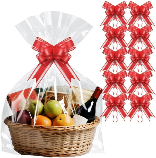 PigPotParty 24"x30" Clear Cellophane Gift Bags - Includes Bows – 10 Pack Large Cellophane Wrap for Gift Baskets, Plastic Gifts Bags for Gift Giving