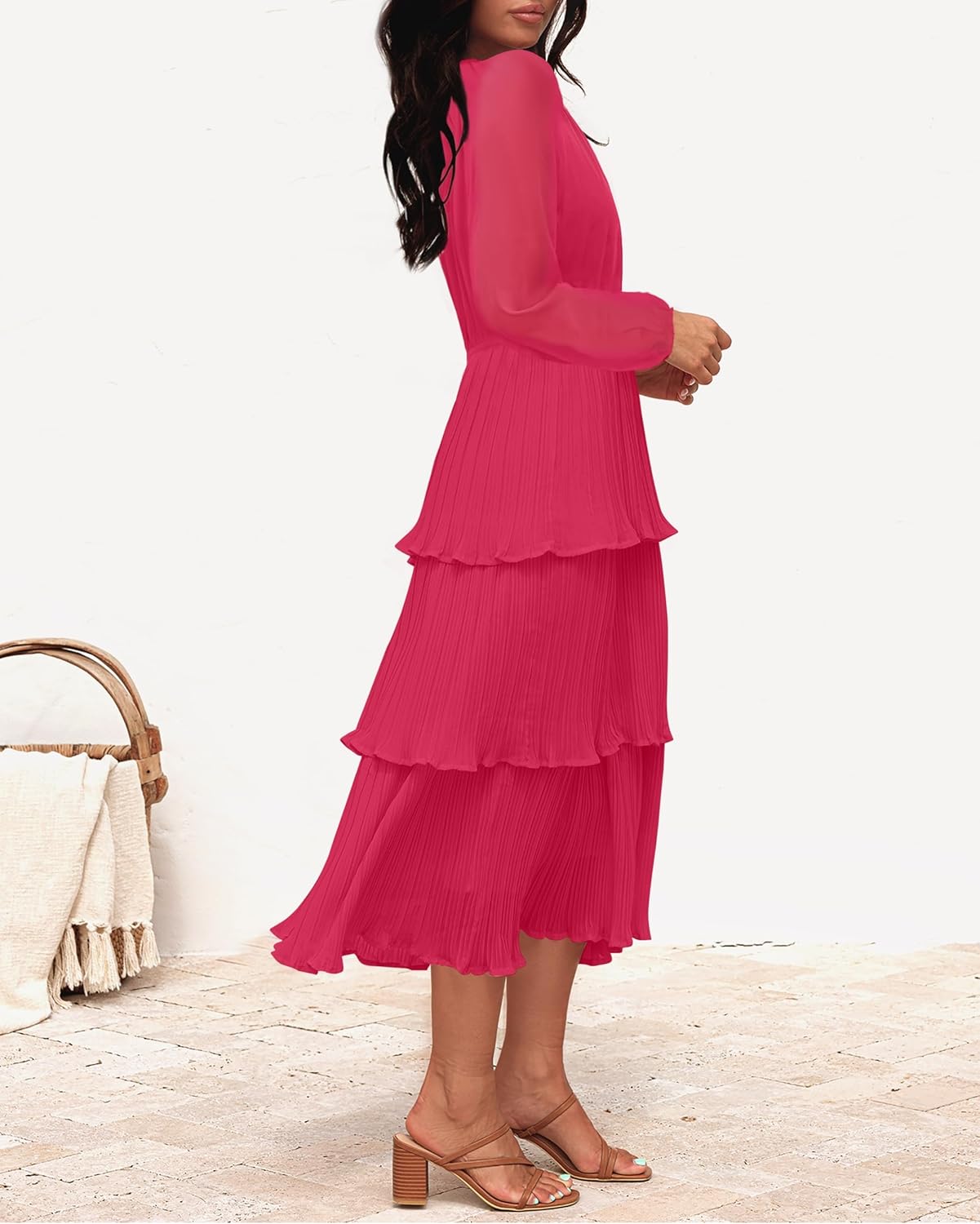 ZESICA Women's 2025 Long Sleeve Crew Neck Ruffle Tiered Layered Chiffon Flowy Swing Long Midi Dress