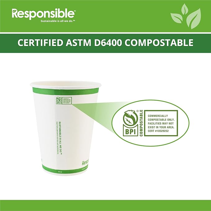 Responsible Products 12 oz Paper Hot Cups, Tree-Less™ Compostable Paper Coffee Cups, Extra Strength, Tree-Free and Made Without PFAS, White (1000 Count)