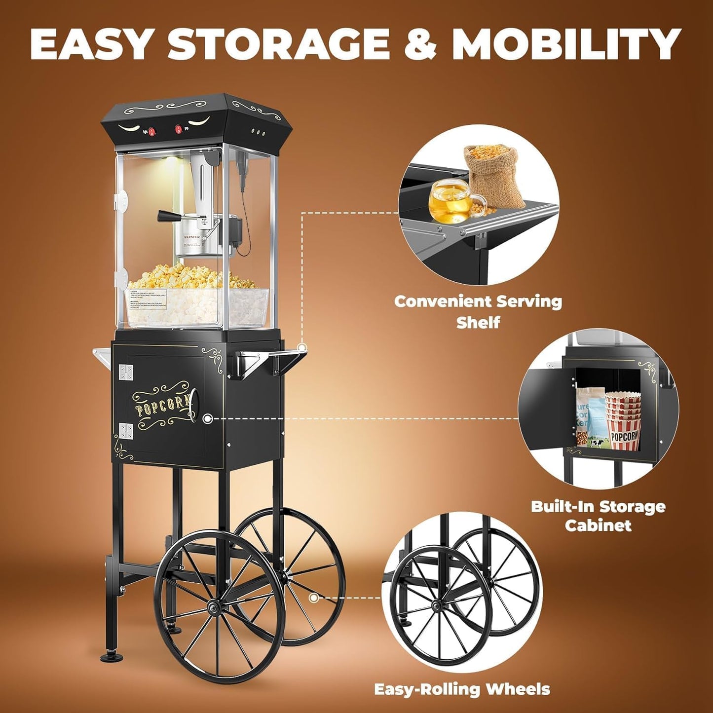 8 oz Popcorn Machine Cart, Popcorn Maker Machine with Stainless-Steel Kettle Makes Up to 32 Cups, Movie Theater Style Pop Corn Machine with Heated Warming Deck, 2025 Upgraded, Black