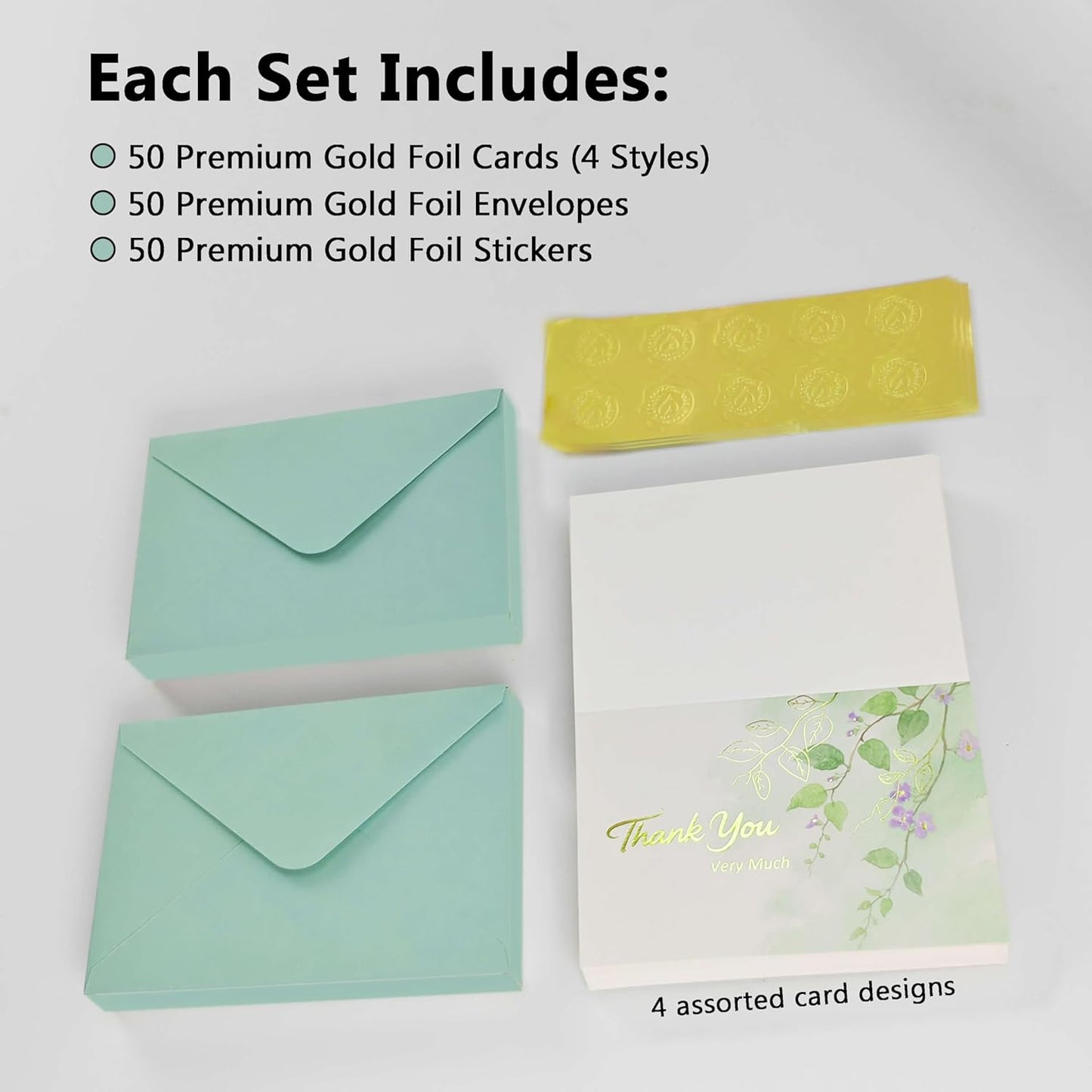 50 PK Thank You Cards Bulk with Envelopes & Gold Foil Stickers, 4x6 Inches, 4 Designs for Weddings Baby Bridal Showers Graduations Birthday