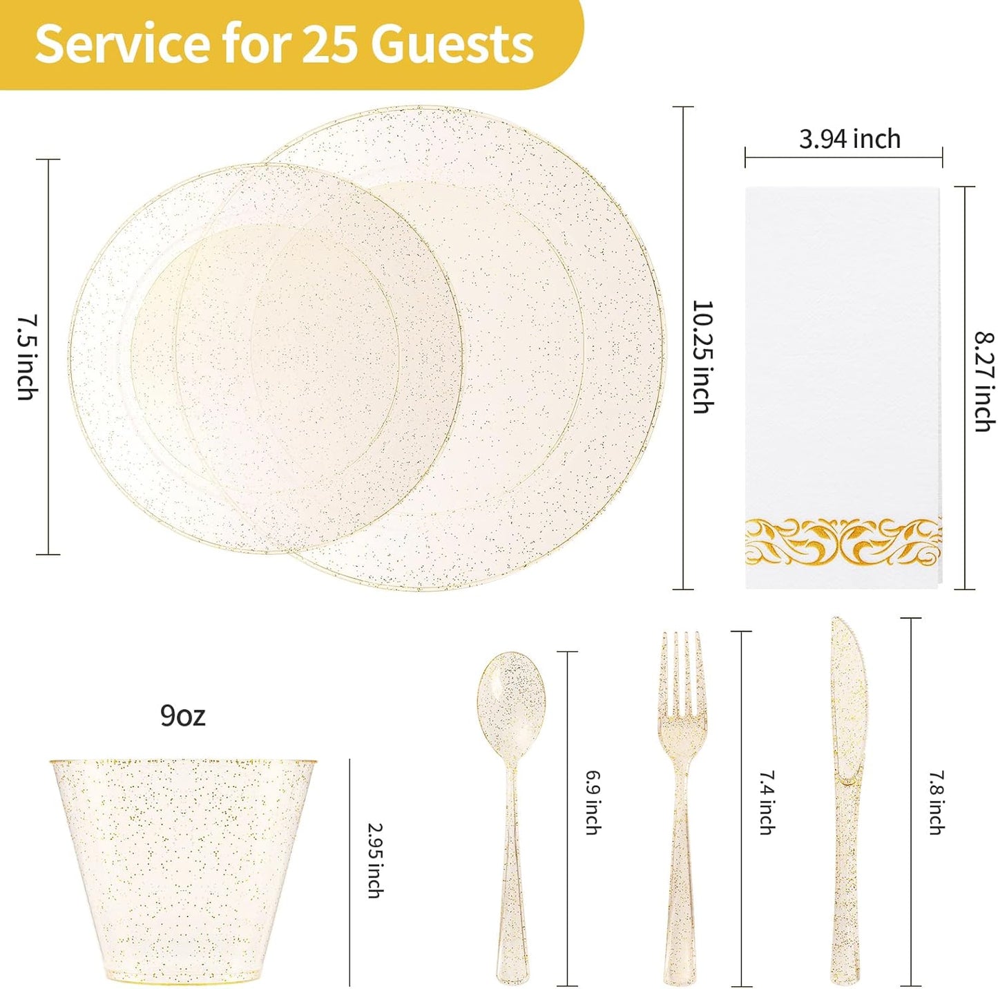 Goodluck 175 Piece Dinnerware Set for 25 Guests, Plastic Plates Disposable for Party, Include: 50 Gold Glitter Plastic Plates, 25 Paper Napkins, 25 Cups, 25 Gold Glitter Silverware Set