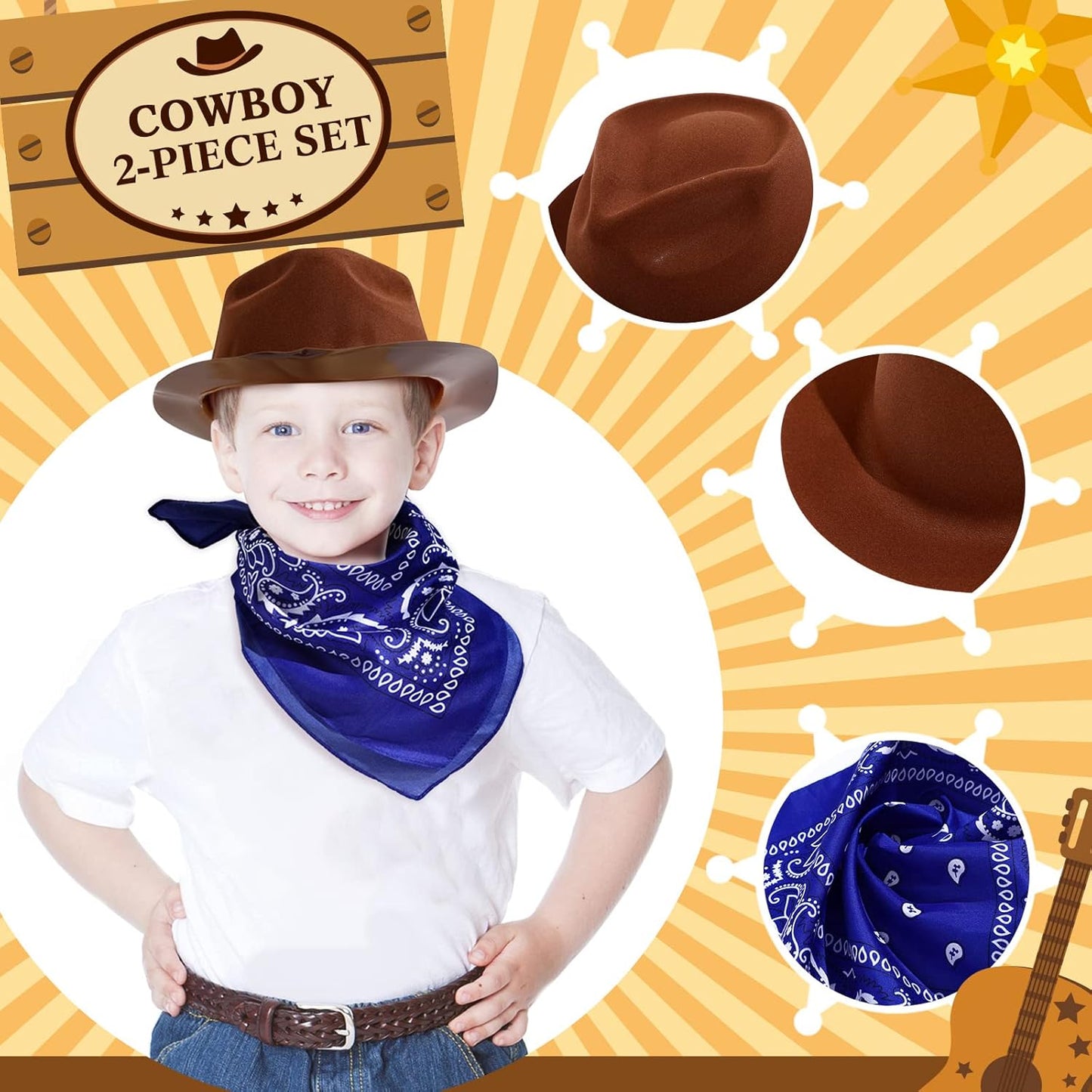Hillban 72 Pcs Western Cowboy Hat and Paisley Bandana Set for Kids Felt Cowboy Party Hats for Costume Party Favors(Brown)