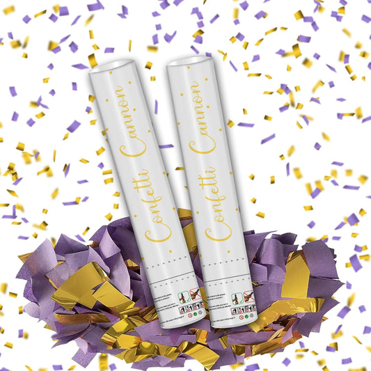 12" Purple & Gold Confetti Cannons - Party Poppers for Birthday Graduation Wedding Celebrations - Easy to Use - Pack of 2
