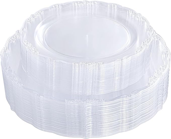U-QE 60PCS Clear Plastic Plates for Party - Clear Plates Disposable Heavy Duty for Party & Wedding - Include 30PCS 10inch Dinner Plates and 30PCS 7.5inch Dessert/Salad Plates