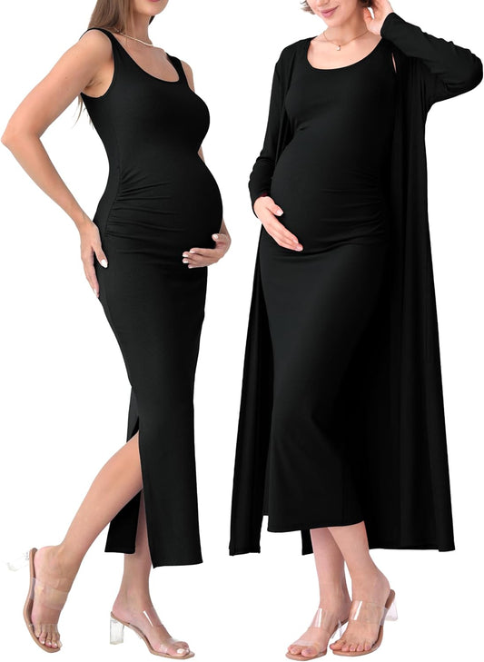 Rnxrbb 2 PCS Fall Winter Maternity Dress Cardigan Set Long Bodycon Maxi Formal Dresses Boho Baby Shower for Women