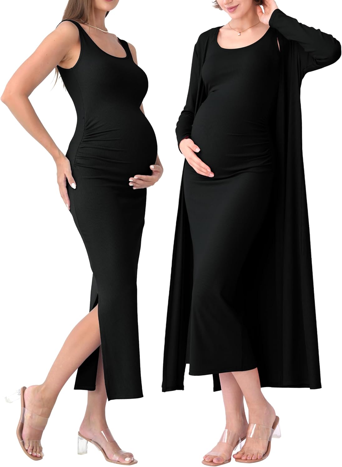 Rnxrbb 2 PCS Fall Winter Maternity Dress Cardigan Set Long Bodycon Maxi Formal Dresses Boho Baby Shower for Women