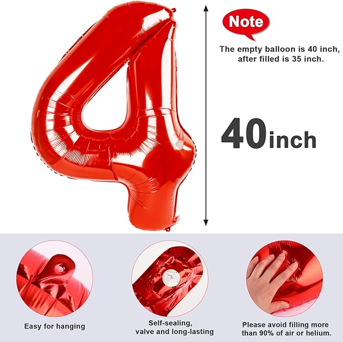 40 Inch Large Numbers Balloon, 4 Red Ballon for 4th 14 40 44 Birthday Party, Balloon 4 Number for Graduations Wedding Supplies
