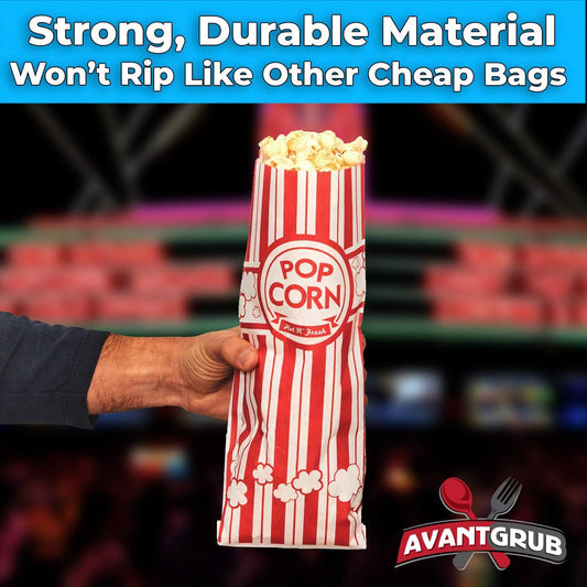 Leak-proof, Grease Resistant Popcorn Bags 25 Pack. Tear Resistant, Single Serving 2oz Paper Sleeves in Nostalgic Red/White Design. Great Movie Theme Party Supplies, Retro Carnivals & Fundraisers