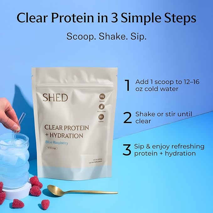 Clear Protein Powder with Electrolytes by Shed, 15g Whey Protein Isolate, Low Calorie and Lactose Free, Light and Clean Hydration Drink, Bloat-Free Post Workout Supplement, Blue Razz (15 Servings)