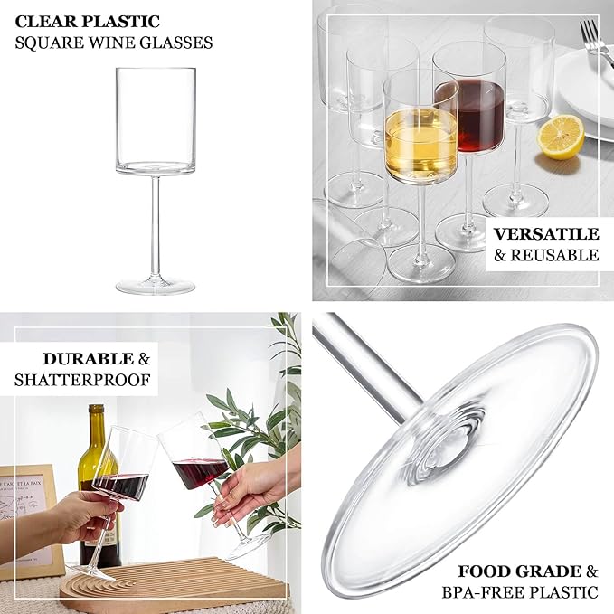 Efavormart 6-Pack Transparent Blush Plastic Cylindrical Wine Glasses 10oz, Long Stem - Shatterproof Reusable Cocktail Glasses
