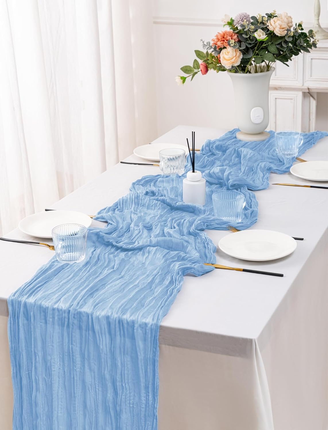 12 Pack Light Blue Table Runner 10FT Cheesecloth Table Runner 21 x 120 inch Boho Gauze Cheese Cloth Table Runner Rustic Sheer Table Runner for Party Wedding Bridal Baby Shower Birthday Table Decor