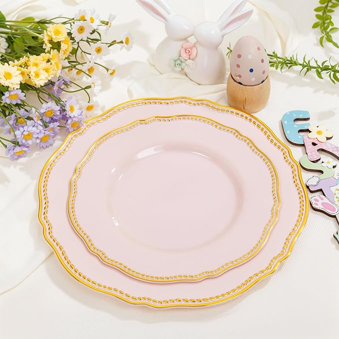Hioasis 60pcs Pink Plastic Plates - Pink and Gold Disposable Dinnerware with Gold Rim, Heavy-duty, 10.25 inch, Dinner Plates for Party & Easter