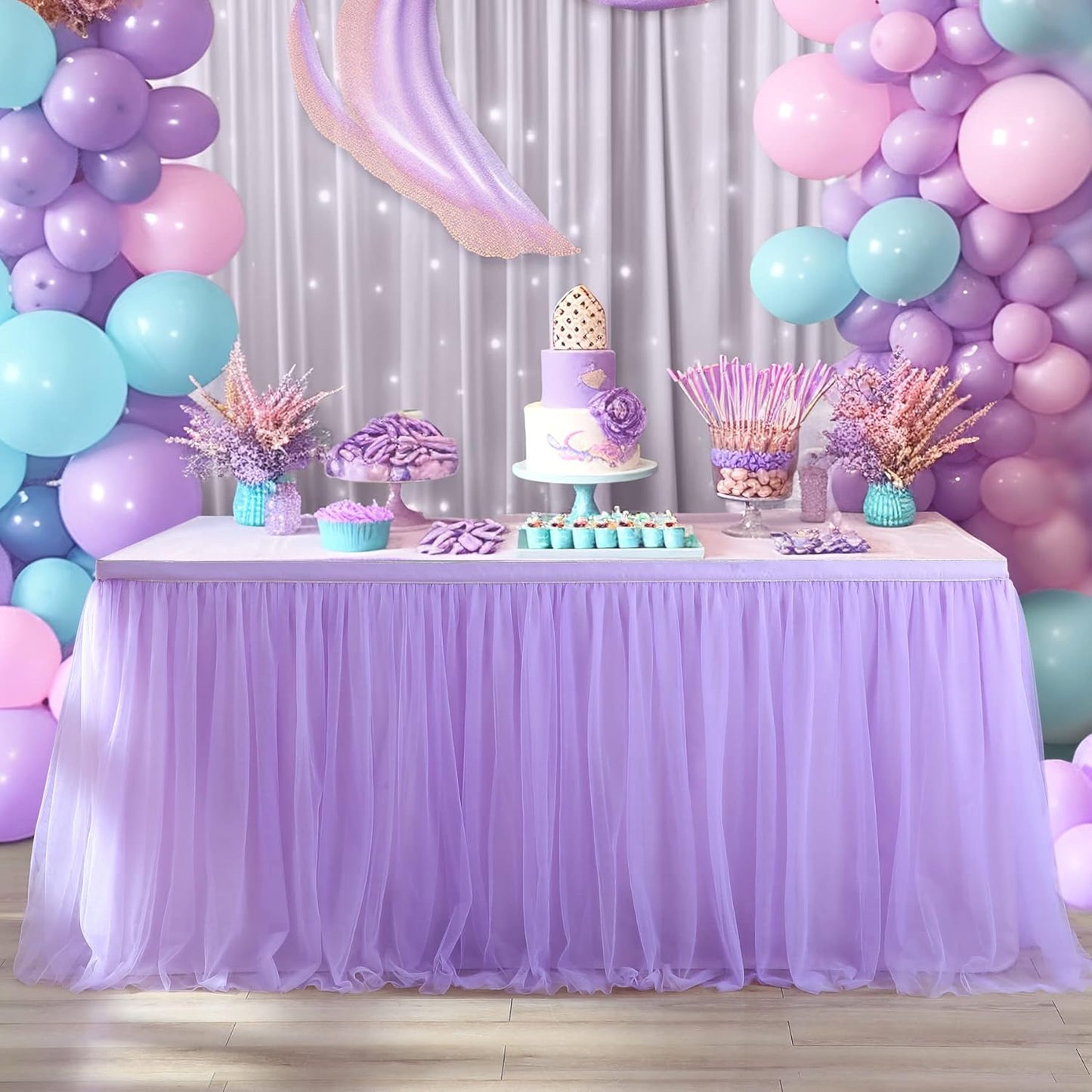 2 Pack 6ft Lavender Table Skirts for Rectangle Tables or Round Tables Lavender Ruffle Tulle Tutu Tablecloth for Girls Baby Shower Birthday Party Wedding Cake Dessert Table Decorations