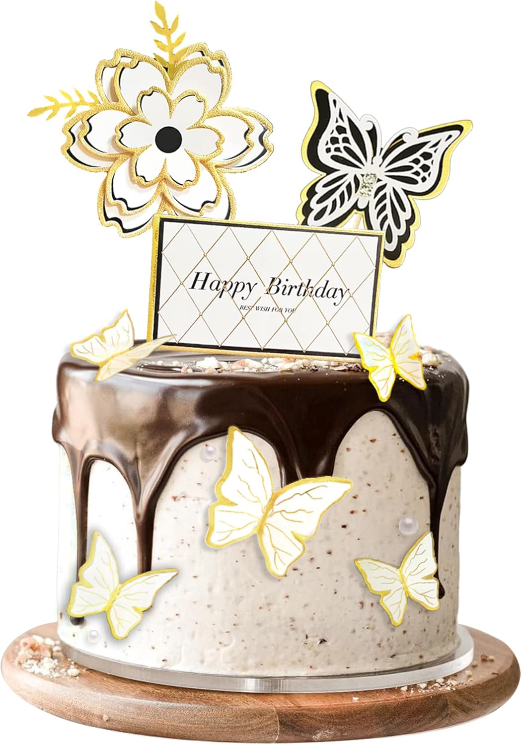 8-Piece White Gold Flower and Butterfly Cake Toppers - Birthday Cake Decorations and Party Decorations