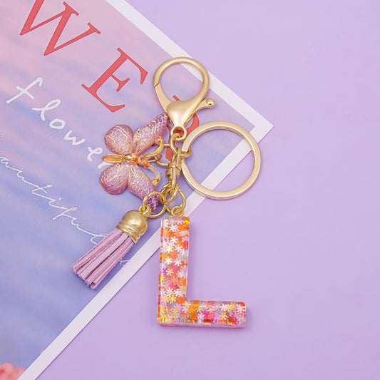 Fashion Alphabet Initial Letter Keychain Tassel Butterfly Pendant Key Ring for Purse Handbags Women Girl
