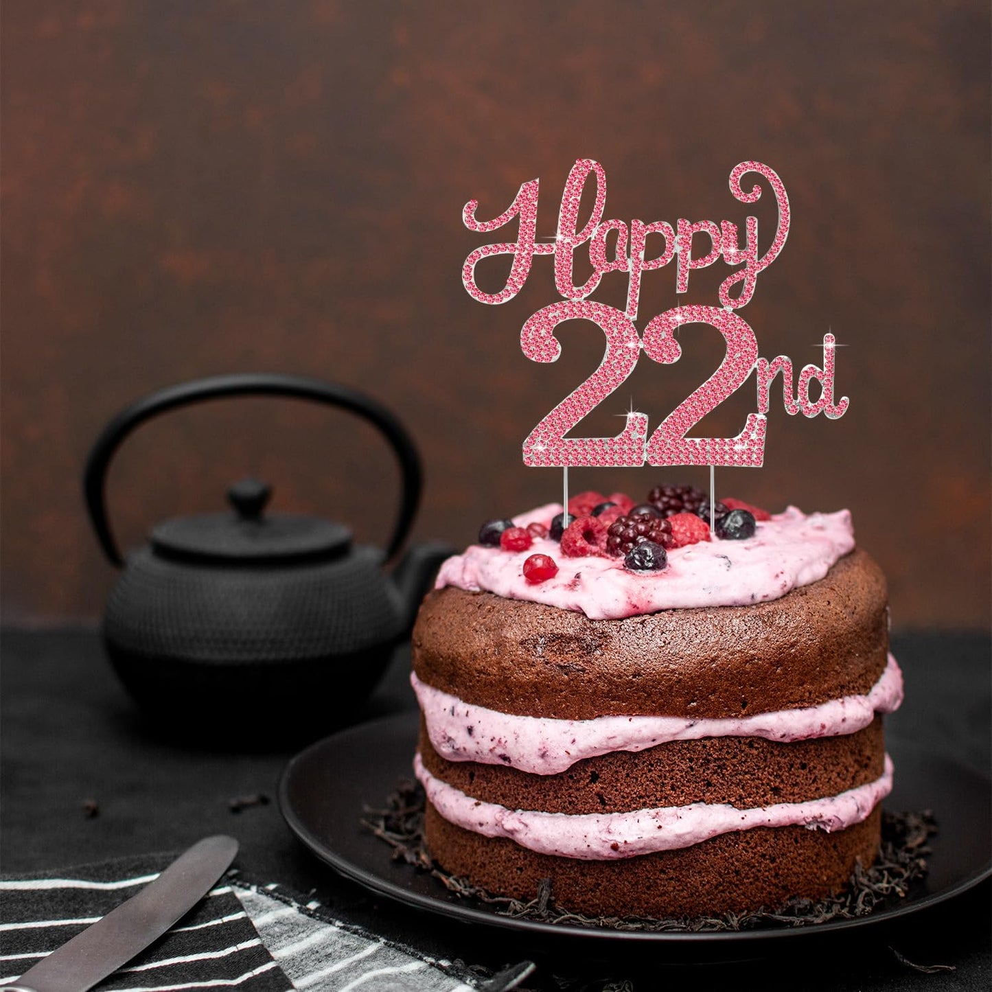 Happy 22nd Birthday Decorations,22nd Birthday Silver & Red Rhinestone Cake Topper - Cheers to 22 Years Old Bday Party Metal Sparkly Cake Centerpieces Sign.