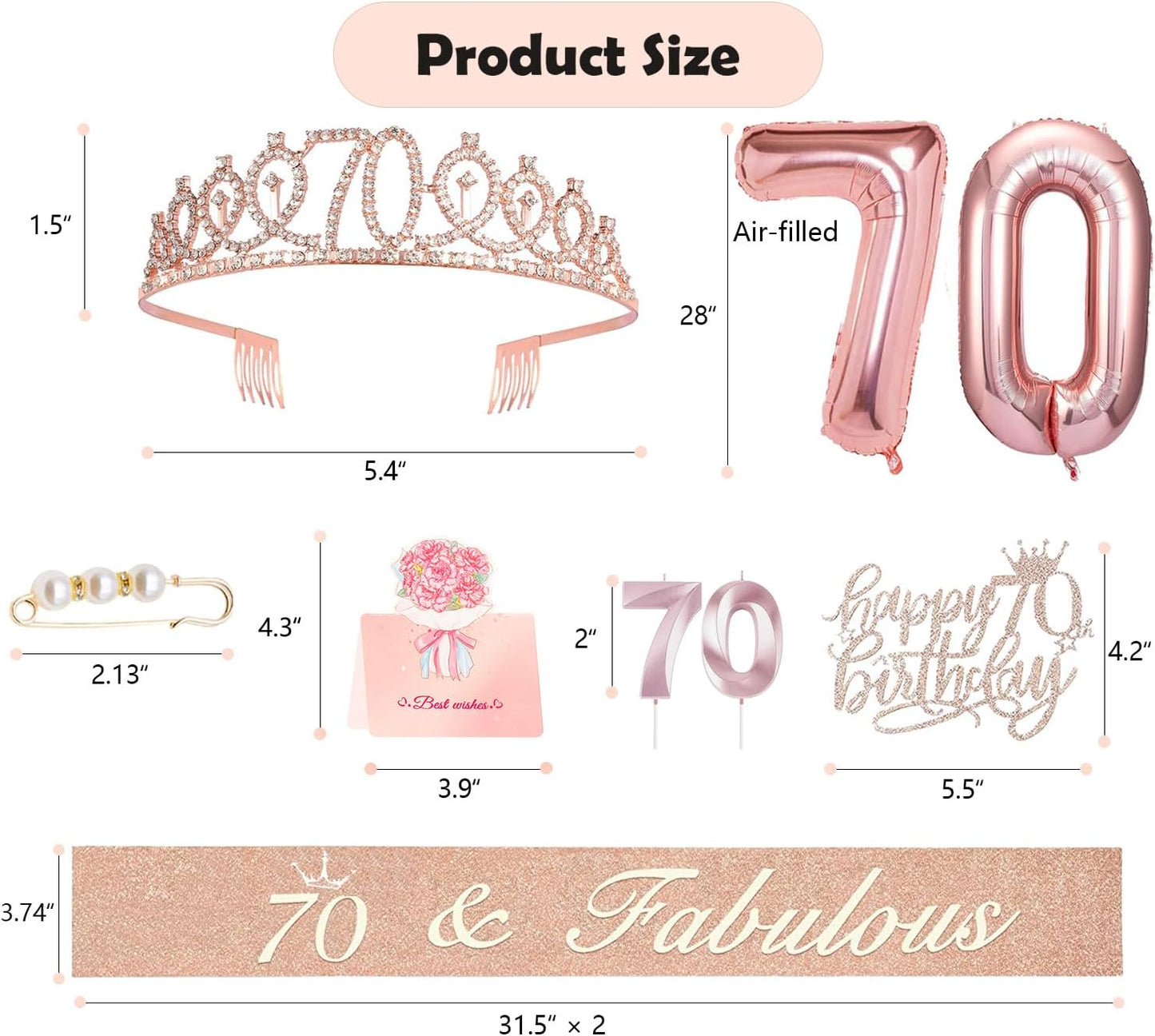 70th Birthday Gifts Decorations for Women, Including 70th Cake Toppers, Birthday Queen Sash with Pearl Pin, Sweet Rhinestone Tiara Crown, Number Candles and Balloons Set, Rose Gold