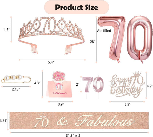 70th Birthday Gifts Decorations for Women, Including 70th Cake Toppers, Birthday Queen Sash with Pearl Pin, Sweet Rhinestone Tiara Crown, Number Candles and Balloons Set, Rose Gold