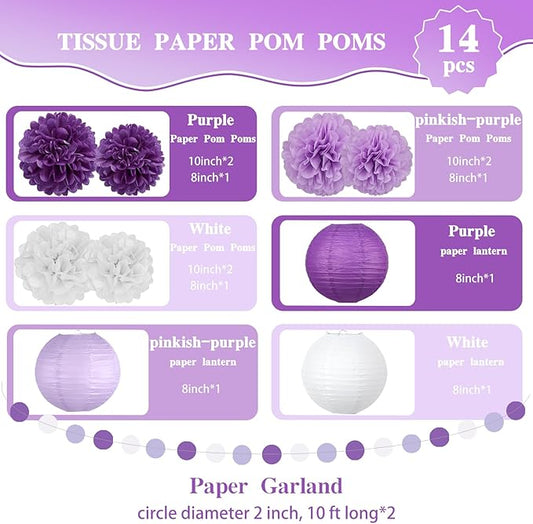 14 Pcs Purple Birthday Decorations for Women - Lavender & Lilac Tissue Pom Poms, Lanterns & Polka Dot Garland for Girls Party, Graduation, Baby Shower, Princess Theme & Bridal
