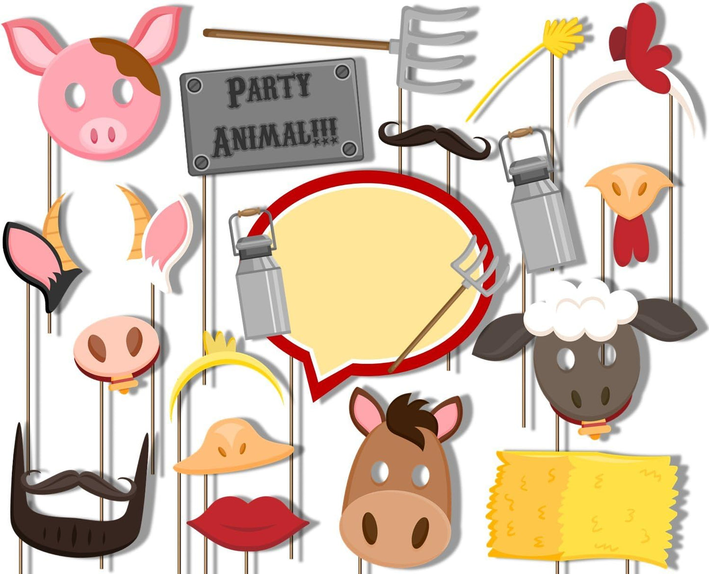 Farm Animals Barnyard Photo Booth Props Kit - 20 Pack Party Camera Props Fully Assembled