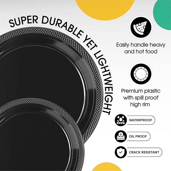 Party Solids Black Plastic Plates For Party Supplies, Black Disposable Plates 100 Pieces - 50-7" & 50-9" Heavy Duty 350 GSM Disposable Dinnerware Sets, Plastic Dinnerware Sets