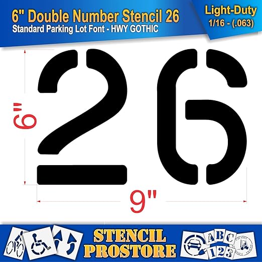 Pavement, Curb, and WheelStop Stencils - 6 inch Double Number Stencil - (26) - 6" x 9" x 1/16" (63 mil) - Light-Duty