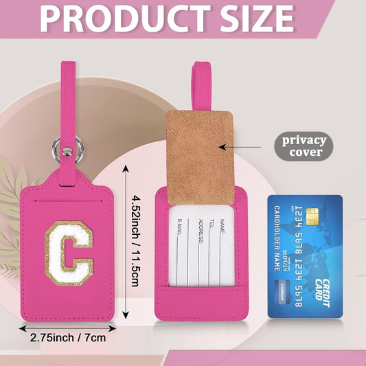 Personalized Initial Luggage Tags for Suitcases, Leather Chenille Letter Cute Luggage Tags with Privacy Name Card, Embroidered Travel Bag Backpack Tags Gifts for Women Kids Girls Teens(Rosered-C)